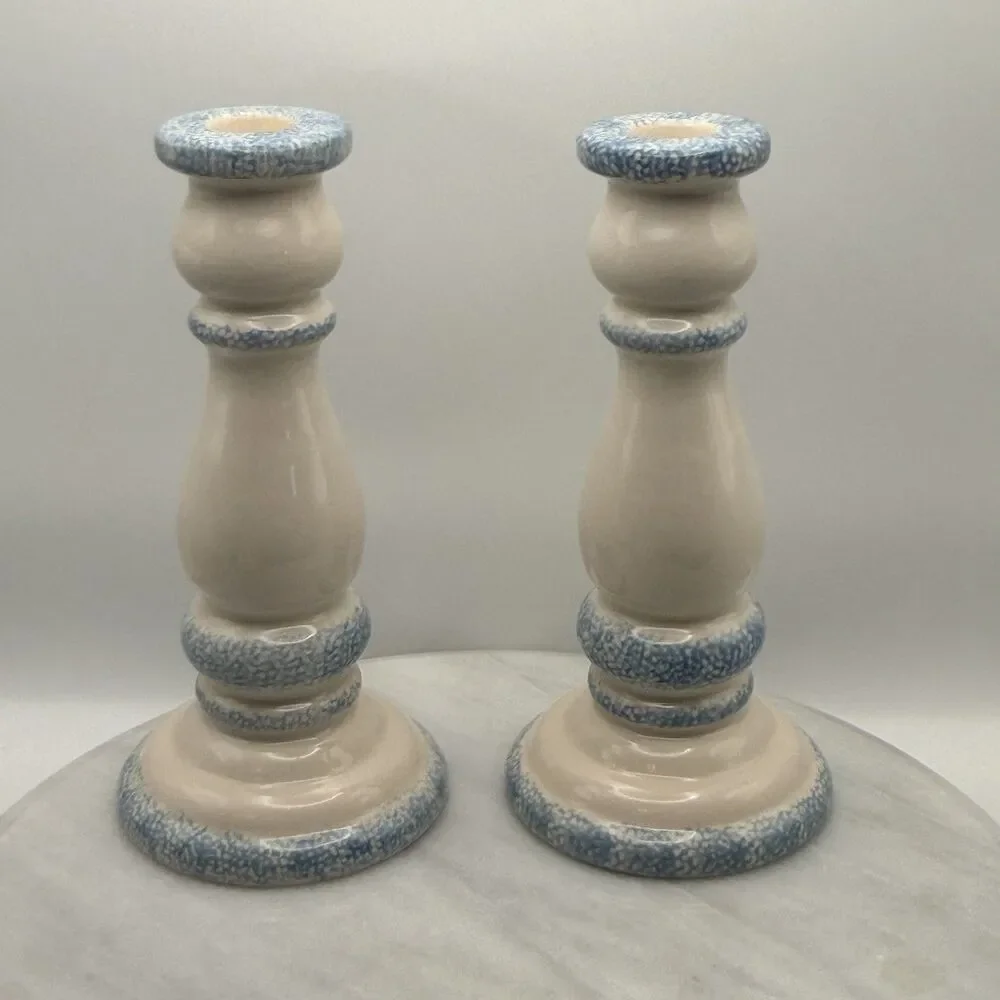 Vintage Blue Heart Spongeware Ceramic Candlestick Holders Pair Country 7.5
